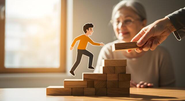Person climbing a staircase made of wooden blocks assisted by a hand adding a block to the top symbolizing mentorship guidance and career growth The scene is set in a sunlit room conveying a mood of h photo