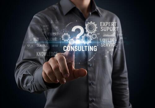 Businessman Selecting Consulting Services on Futuristic Interface Expert Support and Knowledge Problem Solving and Strategy Concept photo