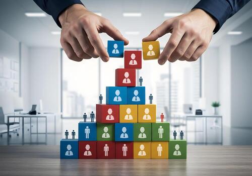 Building a Successful Team Hands Carefully Placing Colorful Blocks Representing Employees into a Pyramid Structure in a Modern Office Setting photo