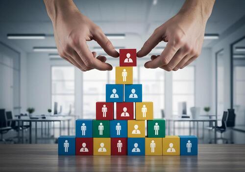 Human resource management concept Hands carefully placing a person icon block on top of a colorful pyramid structure in a modern office setting symbolizing team building career growth and strategic wo photo