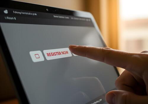 de cerca de un dedo prensado un Registrarse ahora botón en un ordenador portátil pantalla significando en línea registro digital Interacción y inmediato acción el imagen transporta un sentido de urgencia y el conveniencia o foto