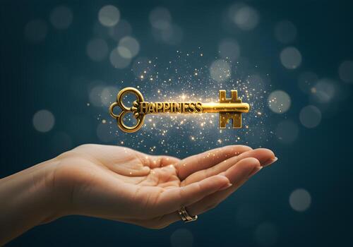 Golden Key to Happiness Floating Above Open Hand - Concept of Achieving Joy Success and Positivity The key is glowing with magical sparkle against a dark teal background photo