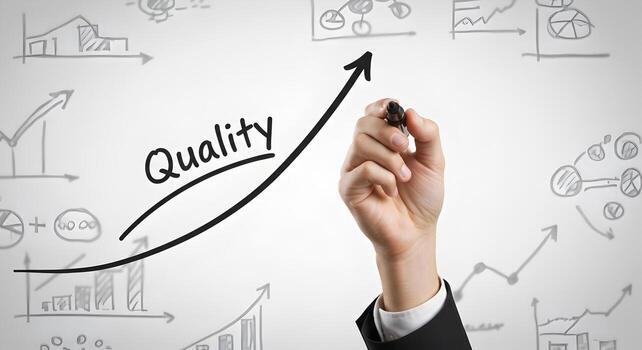 Hand drawing upward quality growth curve on whiteboard with charts graphs and diagrams business concept of improving quality and increasing productivity photo