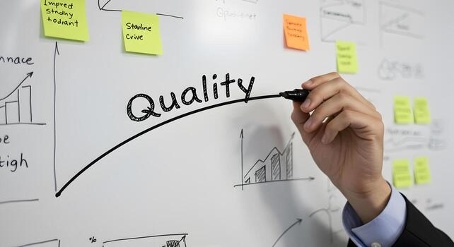 Hand writing the word Quality on whiteboard with marker improving quality concept business strategy planning and development increasing quality chart growth progress and success photo