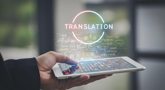 Person using a digital tablet for global translation showcasing multilingual text and a futuristic interface in a modern office setting The image evokes a sense of seamless global communication and te photo