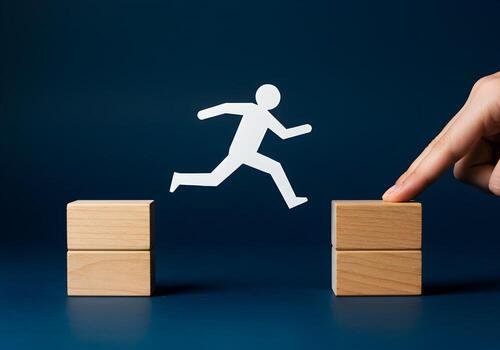 Paper Person Jumping over Blocks Conceptual Image of Overcoming Challenges and Achieving Goals Business and Career Growth Symbolic Representation of Progress and Success photo
