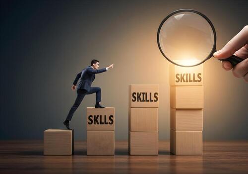 Ambitious businessman climbing a staircase of skills aiming towards the top under a magnifying glass symbolizing career growth and potential The image conveys concepts of ambition achievement and the photo