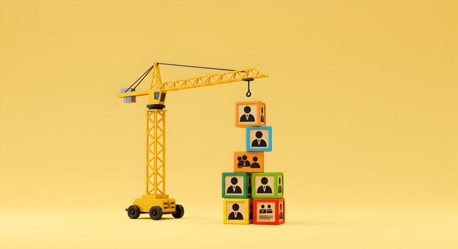 Construction Crane Building a Team of Diverse Professionals on Colorful Blocks Against a Yellow Background Symbolizing Teamwork and Growth photo