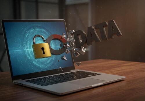 Data security breach concept 3D rendering of a laptop screen showing a padlock and a shattered data word symbolizing the vulnerability of digital information and the importance of cybersecurity photo
