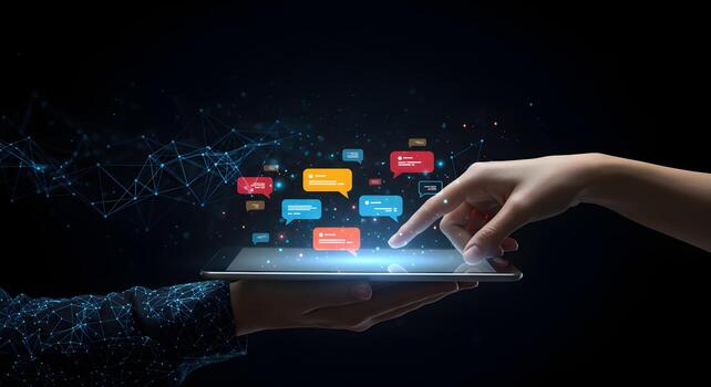 Two hands interacting with colorful message bubbles on a digital tablet symbolizing seamless communication and connection in a futuristic digital landscape photo