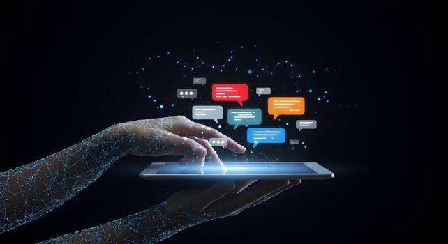 Hands interacting with digital tablet displaying colorful chat bubbles symbolizing communication connection and networking in a futuristic digital space photo