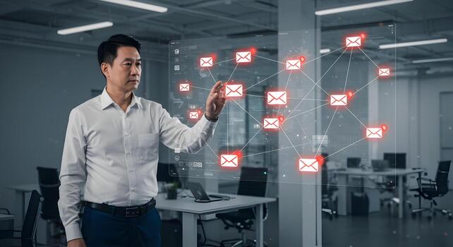 Businessman Analyzing Email Network in Modern Office Examining Digital Communication and Data Flow for Cybersecurity Threats and Risks photo