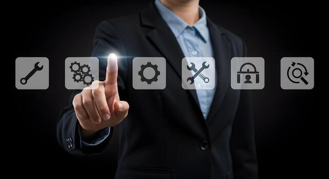 Businessperson Activating Digital Interface with Settings Security and Search Icons Concept of System Administration and Optimization photo