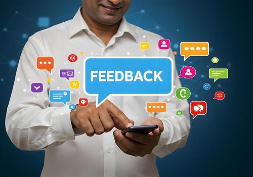 Man using smartphone checking feedback messages digital communication positive review concept A person reads reviews and comments social media and online communication customer satisfaction photo