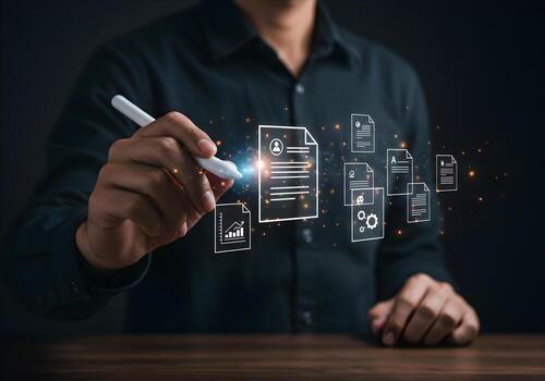 Businessman using stylus to manage digital documents and data on a virtual interface showcasing efficient workflow and modern technology in a dark office setting photo