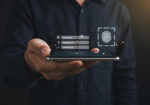 Person using fingerprint scanner for secure mobile phone access innovative biometric security technology digital privacy and data protection concept photo