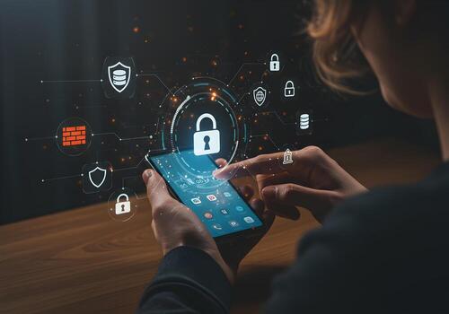 Person using smartphone with digital security interface actively engaging in secure mobile transactions showcasing cybersecurity measures and data protection on a wooden table at night photo