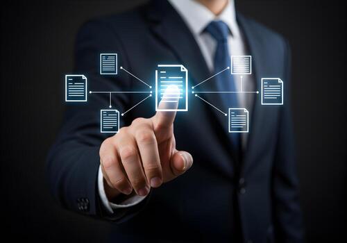 Businessman interacts with a digital document network managing files and information flow in a modern workplace symbolizing efficient data processing and connectivity photo