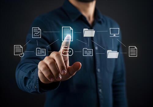 Man Interacting with a Futuristic Digital Interface Showing Files Folders and Cloud Computing Representing Data Management and Connectivity photo