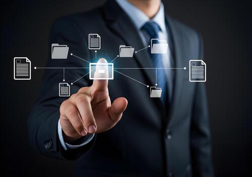 Businessman Accessing Secure Digital Data Network Managing Files and Folders on a Virtual Interface Modern Office Technology Concept photo