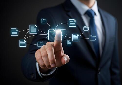 Businessman Accessing Digital Documents Network Efficiently Managing Files and Data via a Futuristic Interface Concept of Modern Business and Technology photo