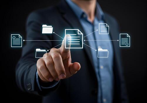 Businessman Accessing and Managing Digital Documents and Files on a Futuristic Interface Concept of Efficient Data Organization and Workflow photo