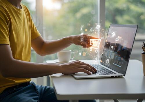 hombre utilizando ordenador portátil computadora para en línea compras agregando artículos a su digital compras carro a hogar comercio electrónico concepto foto