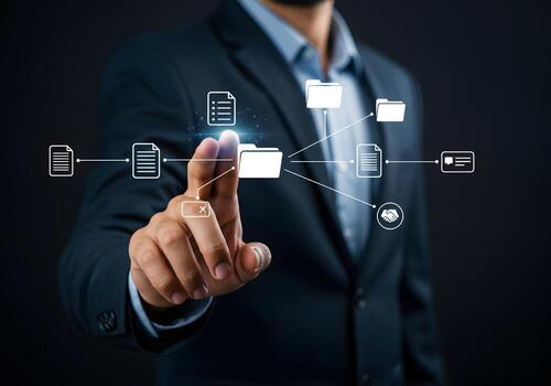 Businessman Interacting with a Digital Document Network Managing Files and Data Flow in a Modern Office Setting Concept of Efficient Workflow and Data Management photo
