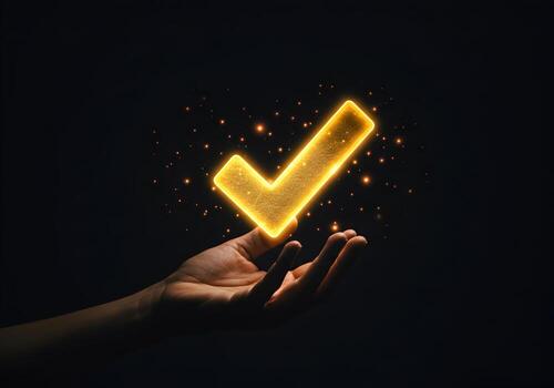 brillante marca de verificación símbolo retenida en mano oscuro antecedentes éxito concepto un radiante dorado cheque marca flotadores encima un abierto palma simbolizando logro confirmación y digital éxito en contra un dramático foto