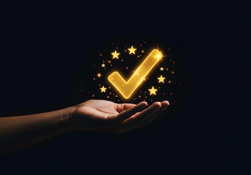 Hand holding a glowing checkmark symbol surrounded by stars representing success achievement and excellence in a dark background This image is perfect for illustrating concepts of quality approval con photo