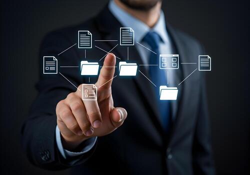 Businessman Accessing and Managing Digital Files and Folders on a Futuristic Interface Concept of Data Management and Cloud Computing photo