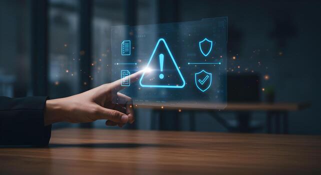 Hand Interacting with Futuristic Security Interface Warning Alert in Modern Office Setting The image depicts a persons hand interacting with a holographic display showing a warning alert security icon photo