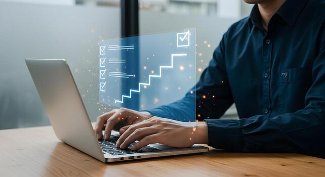 Man using laptop computer working on checklist and achieving goals steps to success in modern office digital marketing concept photo