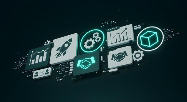 Abstract 3D rendering of business icons collaborating and growing in a digital environment symbolizing innovation teamwork and progress in a technological landscape The image is ideal for illustrating photo