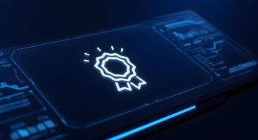 Award Badge Icon Glowing on Futuristic Tech Interface Screen Digital Achievement and Success Concept photo
