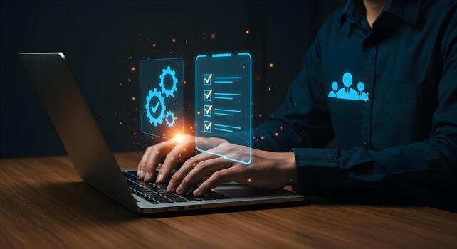 Person working on laptop at night checking tasks and managing a team glowing screen showing productivity and efficiency concept of remote work and digital project management photo