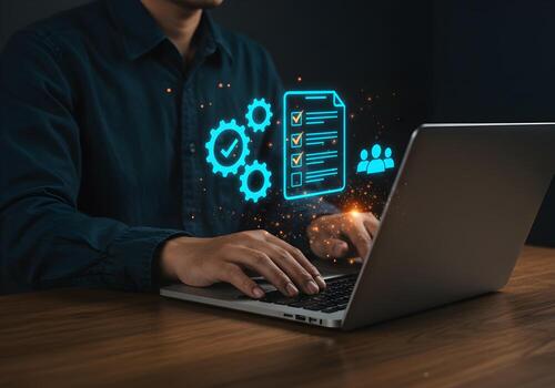 Man working on laptop computer at night checking a digital checklist gears and team symbols Concept of project management task completion and teamwork photo