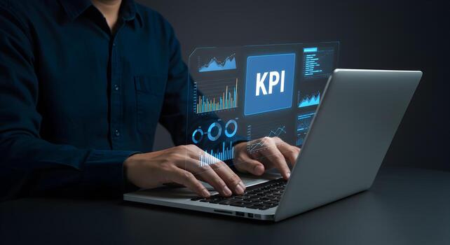 Businessman Analyzing KPI Data on Laptop Key Performance Indicators Business Analytics Strategic Planning Modern Office Technology Progress Growth Success Futuristic Interface Data Visualization Digit photo
