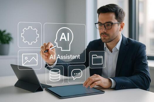 Businessman Interacting with AI Assistant on Digital Tablet in Modern Office Concept of Future Technology and Innovation photo