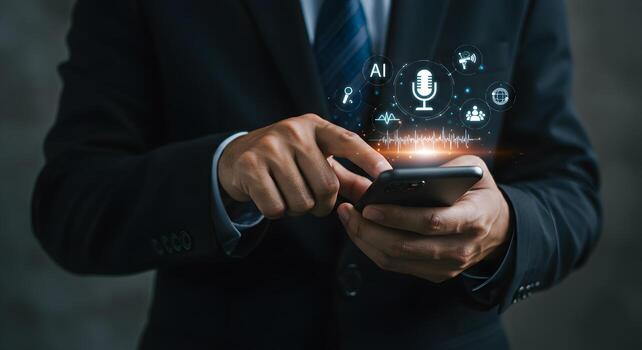 Businessman using smartphone with AI voice assistant interface innovative technology concept future of communication digital voice assistant on mobile phone screen photo