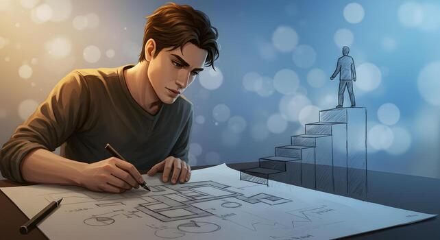 Focused young architect designing a building blueprint envisioning future success and ambitious growth illuminated by a soft ethereal light photo