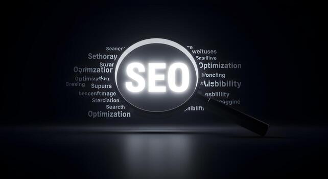 SEO optimization concept illuminated magnifying glass revealing SEO keywords on dark background symbolizing search engine optimization and online visibility strategy photo