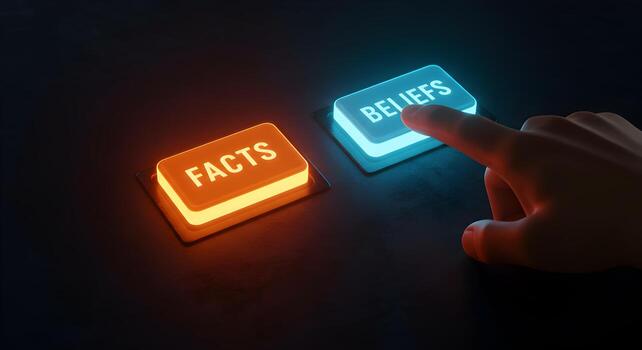 mano prensado iluminado botón etiquetado creencias siguiente a otro botón etiquetado hechos un conceptual imagen representando el elección Entre objetivo verdad y subjetivo creencia conjunto en contra un oscuro backgr foto