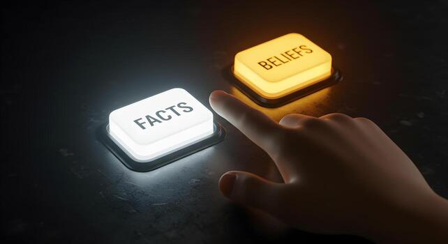 Hand about to press illuminated button labeled Facts over Beliefs button Concept of choosing truth over assumption knowledge vs faith data vs opinion reality vs perception evidencebased decision makin photo
