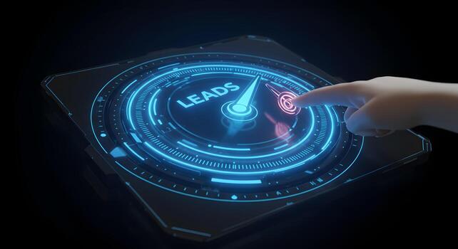 mano interactuando con futurista Guías Generacion interfaz un 3d hacer de un digital tablero mostrando un creciente Guías indicador simbolizando crecimiento y éxito en negocio desarrollo foto