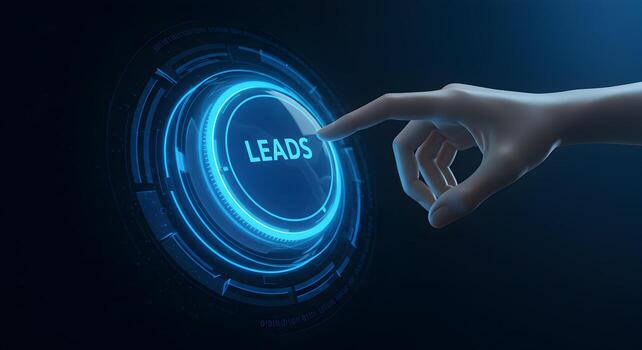 Hand reaching out to activate a futuristic glowing blue button with the word leads symbolizing the generation of leads in a digital environment representing business growth and success photo
