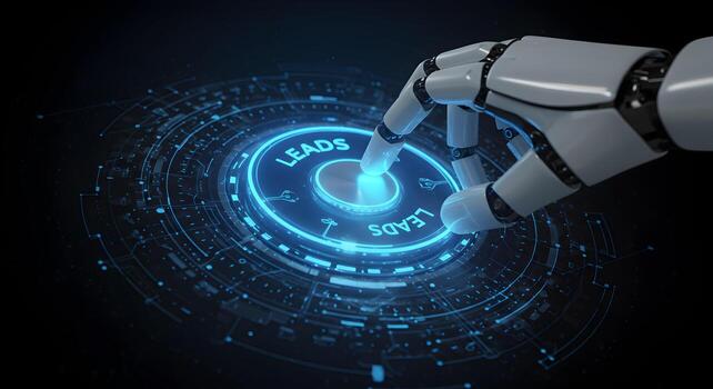 Robotic hand activating futuristic interface to generate leads innovative technology for business growth and digital marketing automation concept of AI and lead generation in a dark blue setting photo