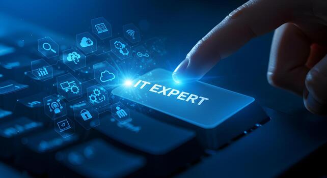 Hand pressing IT expert button on a futuristic keyboard surrounded by digital icons representing technology and innovation The image conveys concepts of digital expertise technological solutions and m photo