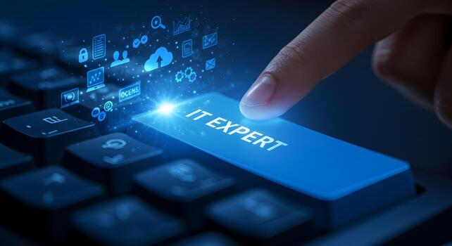 Finger pressing IT Expert button on illuminated keyboard surrounded by digital icons representing technology solutions and innovation photo