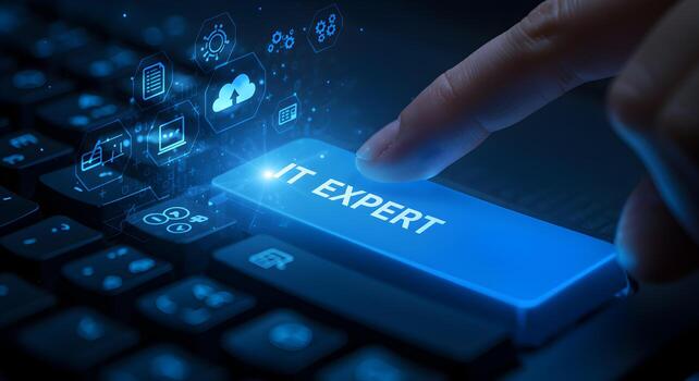 Finger Pressing IT Expert Button on a Laptop Keyboard Highlighting Expertise in Technology and Digital Solutions Futuristic Concept photo